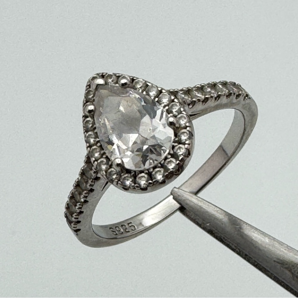 Sterling Silver Halo Ring | Pear Cut Clear Stone Pavé Band Size 8